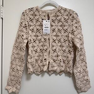Zara NWT small Cream Crochet Sweater with clear sequins